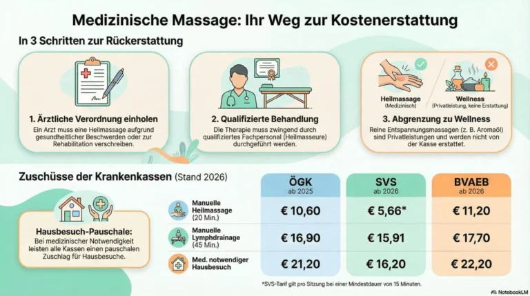 Infografik zum Ablauf der Kostenrückerstattung für ärztlich verordnete Heilmassagen bei der ÖGK, SVS und BVAEB im Vergleich zur privaten gewerblichen Massage.